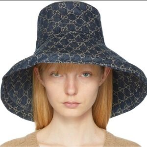 Gucci GG Bucket Hat Monogram Allover Logo Denim Wide Large Brim Jacquard